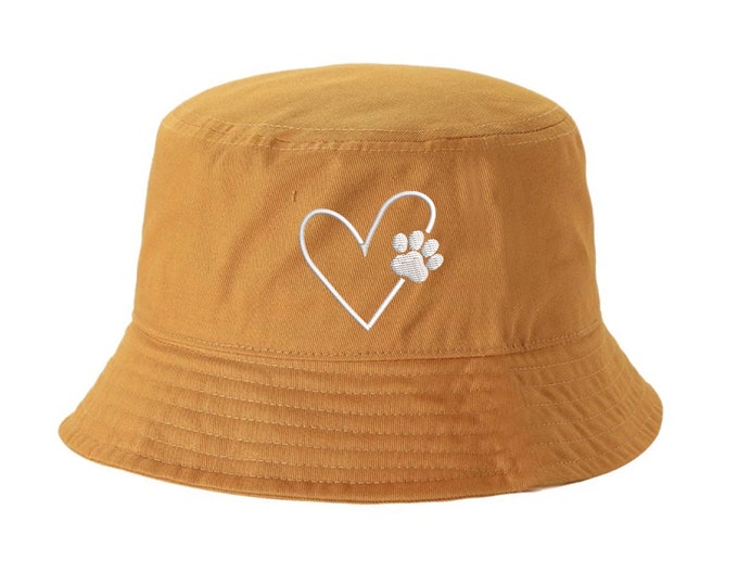 Dog Paw Heart Bucket Hat Cap, Dog Mom, Dog Lover Bucket Hat, Embroidered Unisex Bucket hats.