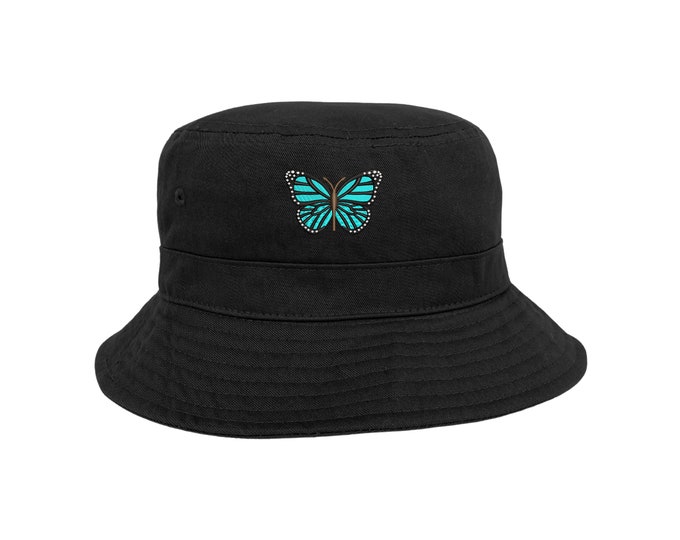 Turquoise Butterfly Bucket Hat, Butterfly Embroidered Hats, Fisherman Hats, Nature Lover Hats, Unisex Bucket Caps, Butterfly Bucket Hat