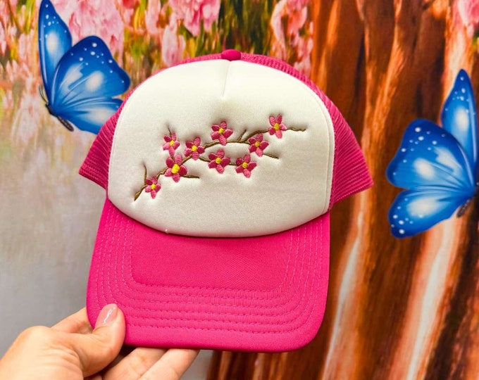 Cherry Blossom Embroidered Foam 2 Tone Trucker hat, Vacation Baseball Cap, Flower Mode Cap, Spring, Summer Trucker Hat, Unisex Spring Hat