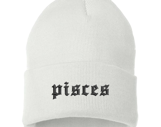 Pisces Lowercase Embroidered Beanie Cuffed Cap, Unisex, Messy Bun Beanie Slouch Beanie, Astrology Gift