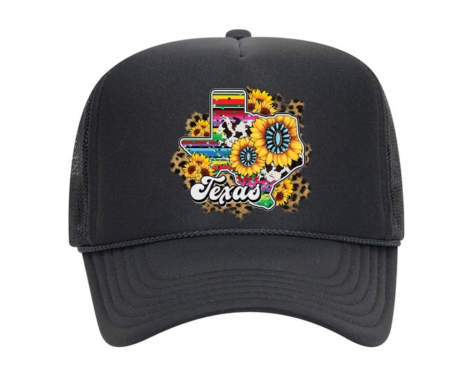 Texas Map Sunflower Embroidered Foam Trucker hat, Texas Map Sunflower Baseball Cap, Flower Mode Cap, Spring, Summer Trucker Hat