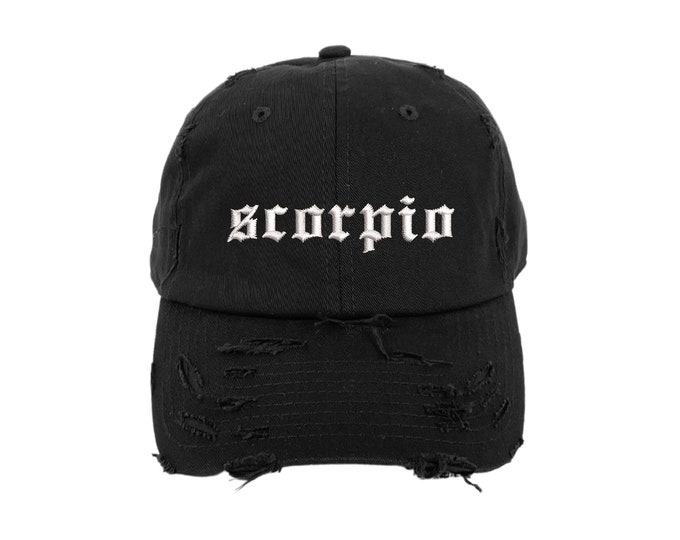 Scorpio Vintage Lowercase Distressed Dad Hat, Astrology Embroidery, Low Profile, Baseball Cap Hat, Unisex Baseball Cap, Zodiac Dad Hat