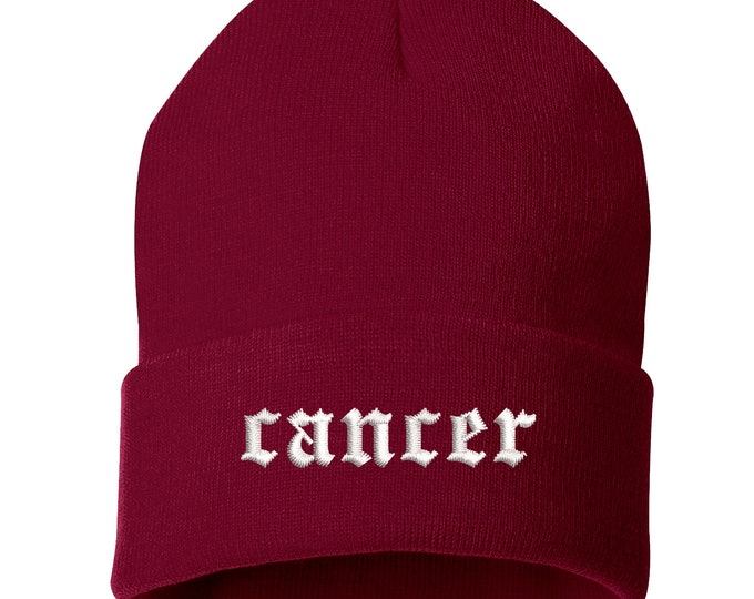 Cancer Lowercase Embroidered Beanie Cuffed Cap, Unisex, Messy Bun Beanie Slouch Beanie, Astrology Gift