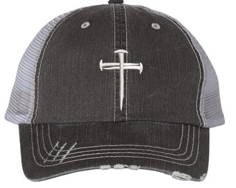 Three Nail Cross Embroidered Distressed Trucker Hat