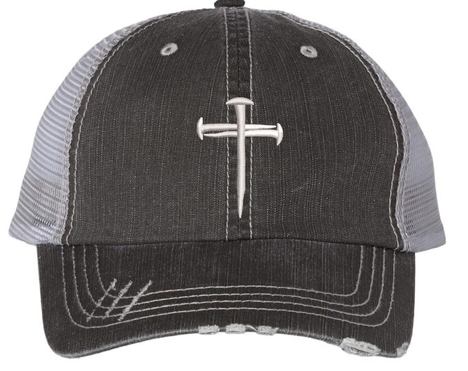 Three Nail Cross Distressed Trucker Hat, Cross Hat, Embroidered Cap, Religion Hat, Faith Trucker Hat, Christian Cross, Faith Cross Hat