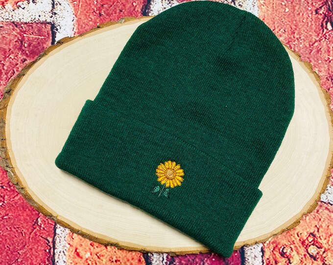 Flower Sunflower Beanie Hat, Winter Hat Embroidered Beanie Cuffed Cap, Unisex Messy Bun Beanie Slouch Beanie, Funny Gift Fall Beanies