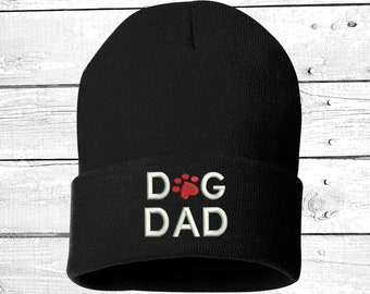 DOG DAD Embroidered Beanie Cuffed Cap, For Pet Lovers Slouched Beanie, Messy Hair Beanies Black Cuffed Beanie Gifts for Pet Lovers