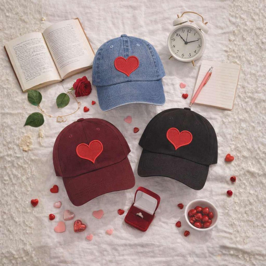 Red Heart Embroidered Baseball Hat | Valentine display picture 1