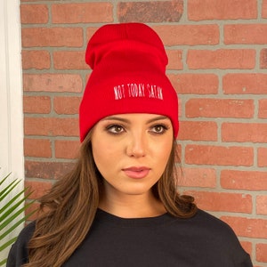 Not Today Satan Beanie Hat, Winter Hat Embroidered Beanie Cuffed Cap, Unisex Messy Bun Beanie Slouch Beanie, Funny Gift Fall Beanies image 3