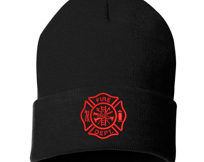 Fire Department Skull Beanie Hat, Winter Hat Fireman Cap, Embroidered Beanie Cuffed Cap, Messy Bun Beanie, Slouch Beanie Firefighter Beanies