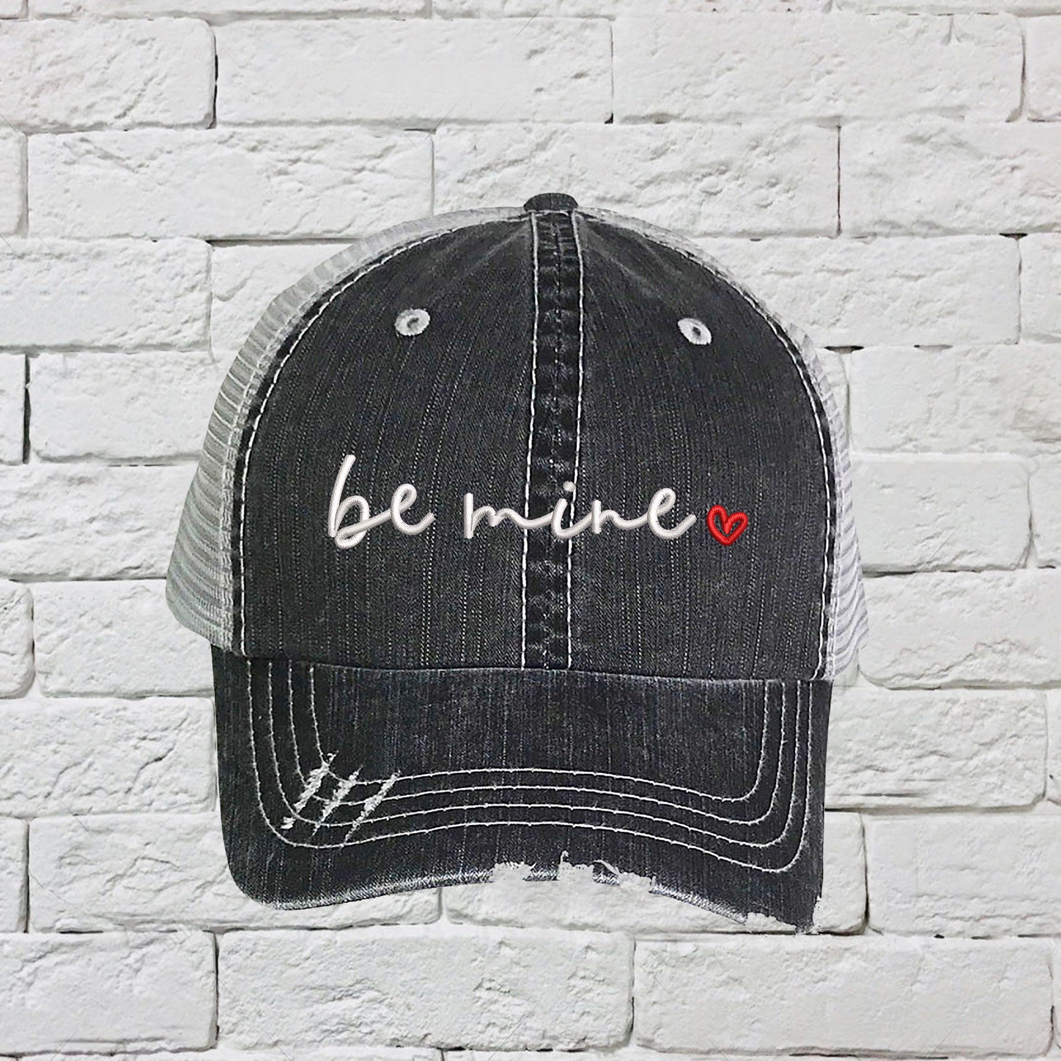 Be Mine Trucker, Distressed Trucker Hat, Red Heart Trucker 
