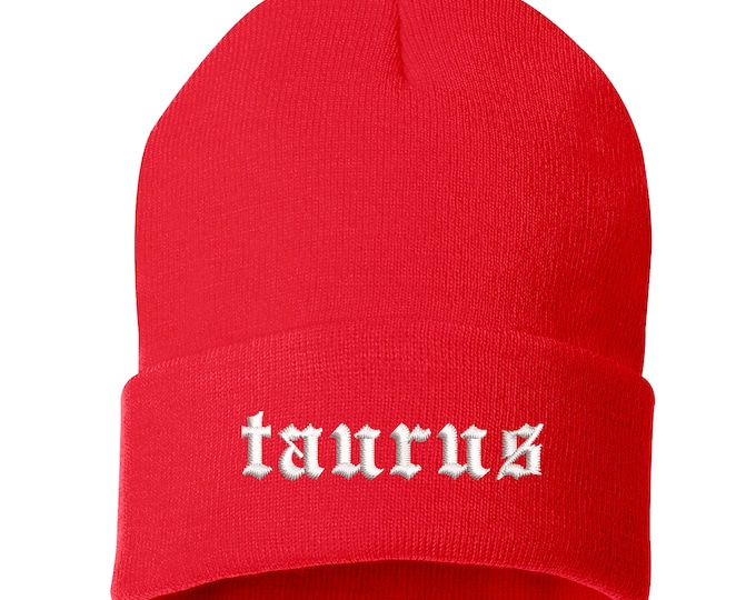 Taurus Lowercase Embroidered Beanie Cuffed Cap, Unisex, Messy Bun Beanie Slouch Beanie, Astrology Gift