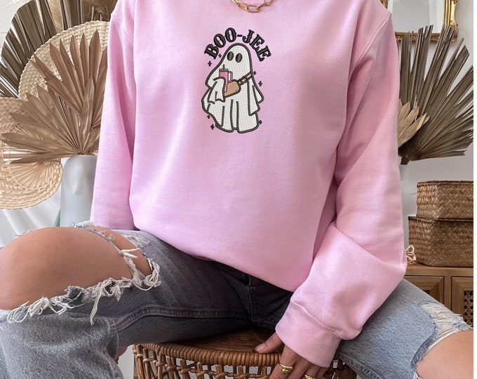 Halloween Ghost Embroidered Sweatshirt, Boo Jee Ghost With Pink Cup Embroidered Unisex Sweatshirt, Spooky Ghost, Halloween Vibes Sweater