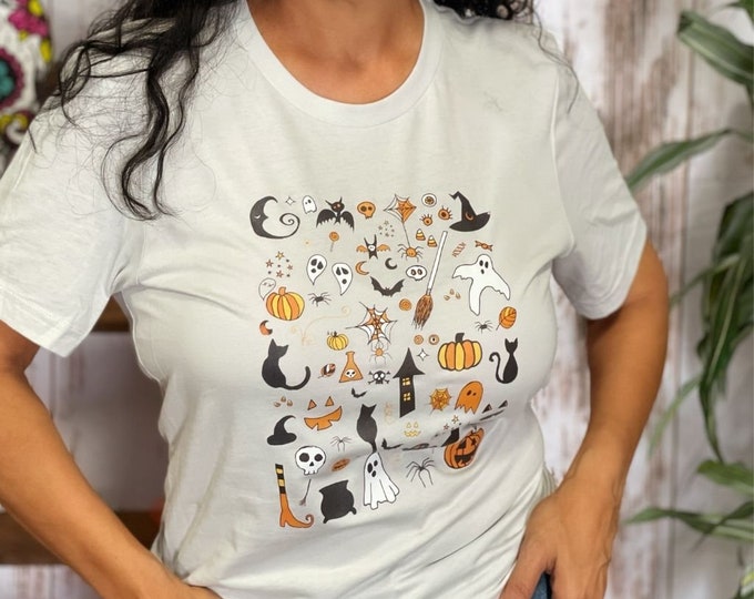 Halloween Doodles  T-Shirt, Skeleton Crewneck Tee, Fall Season Tee, Unisex Shirts, Spooky T-shirts, Halloween T-Shirt