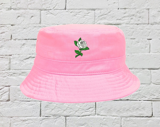 White Rose Stem Bucket Hat, Unisex Sun Hats, Fisherman Bucket Hat, Embroidered Hat, Unisex Introvert Bucket Hat, Summer Bucket Cap, Rose Hat
