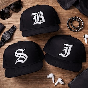 Personalized Old English Initial Snapback Hat, Embroidered Baseball Cap, Streetwear Style