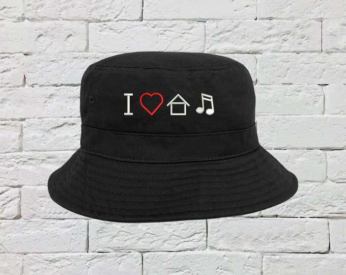 I Love House Music Bucket Hat, Sun Hats, Fisherman Bucket Hats, Embroidered Hats, Unisex House Music Bucket Hats, Summer Bucket Caps Hat