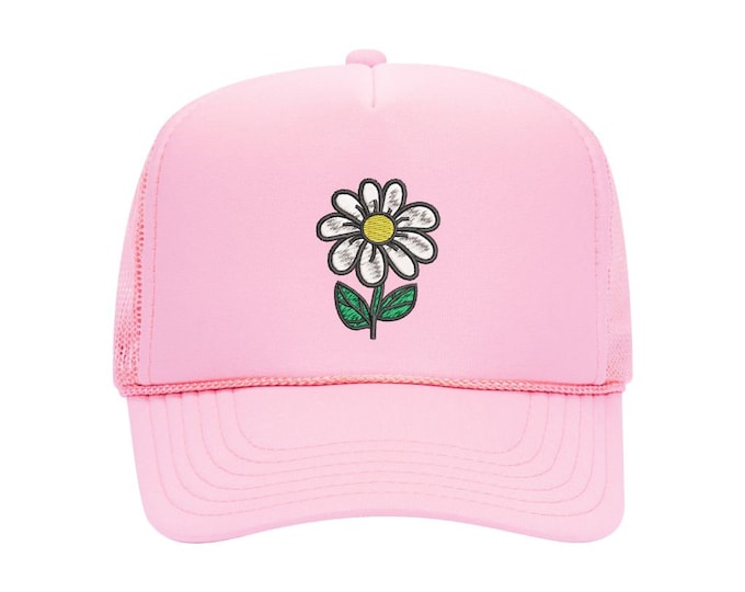 Daisy Stem Embroidered Foam Trucker hat, Daisy Stem Baseball Cap, Daisy Stem Cap, Spring, Summer Trucker Hat, Unisex Daisy Stem Hat