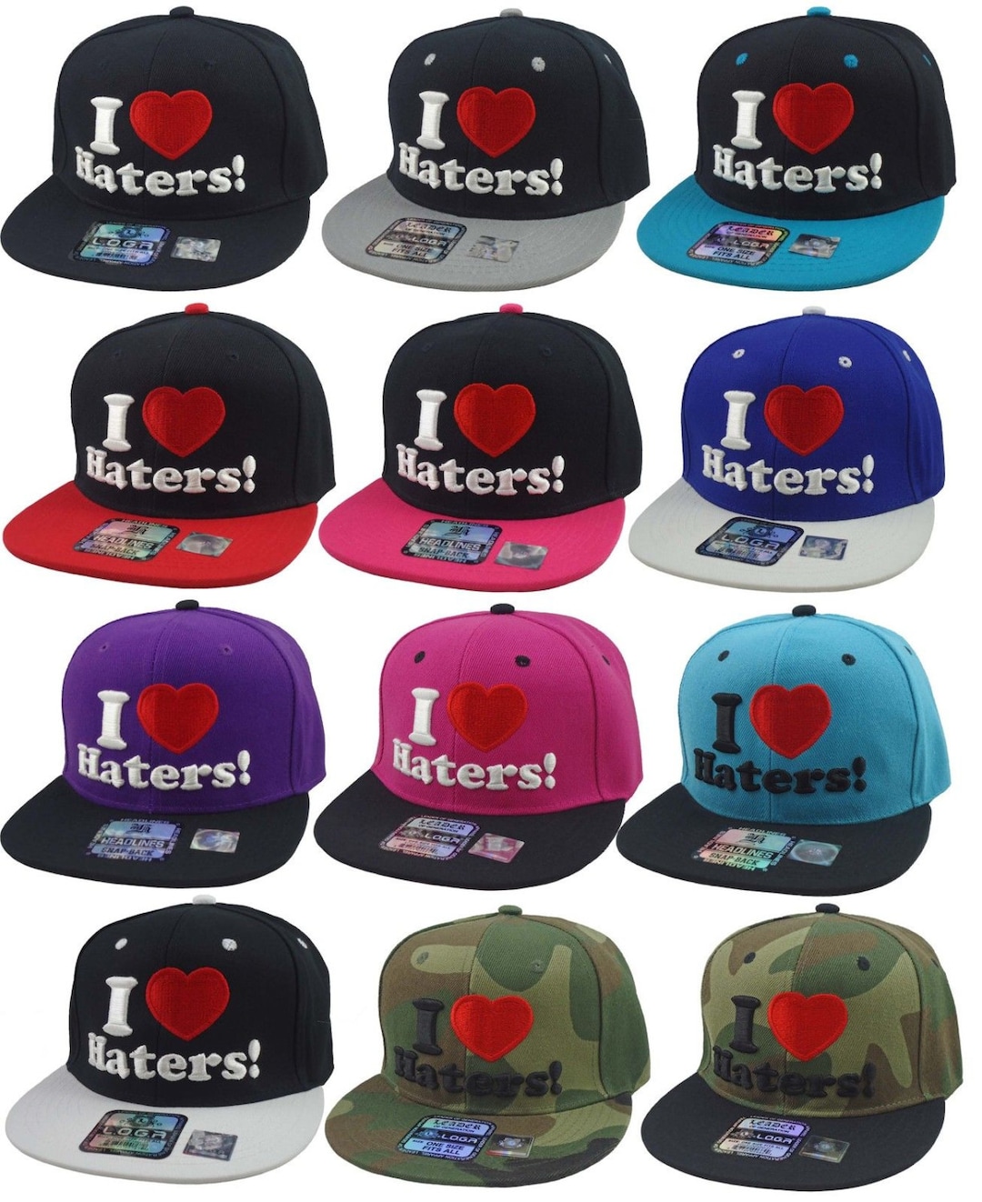 New I LOVE HATERS 3D Flat Bill Snapback Cap Hip Hop Heart Baseball