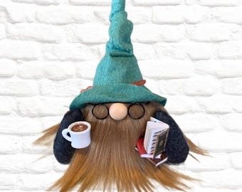 Handmade Book Gnome Unique gift idea for Book Club Librarian, Teacher, Coffee Lover