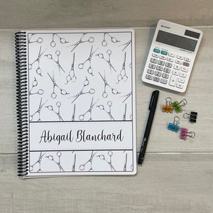 Dated 12 Month Appointment Book - Start Any Month - 3 Sizes w/Optional Income/Expenses - Stylist Scissors Design