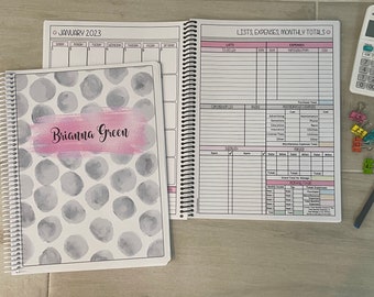 12 Month Dated Appointment Book With Complete Business Organizer/Planner + UPGRADE OPTIONS - Watercolor Dots Design - Start Any Month