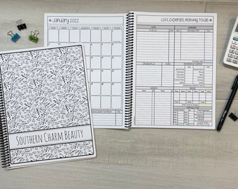 12 Month Dated Appointment Book With Complete Business Organizer/Planner + UPGRADE OPTIONS - Black/White Floral Design - Start Any Month