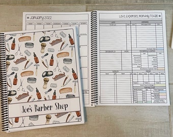 12 Month Dated Appointment Book Complete Business Organizer/Planner + UPGRADE OPTION - Watercolor Barber Tools Design - Start Any Month