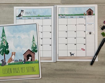 2024 -2025 Pet Sitter Planner & Organizer with Pet and Owner Info Pages and Income Tracking. Large or Medium. Watercolor Pets Design.