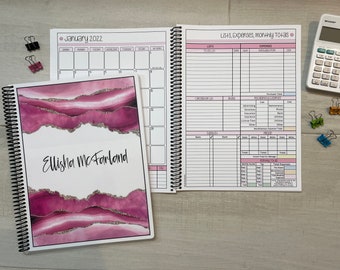 12 Month Dated Appointment Book With Complete Business Organizer/Planner + UPGRADE OPTIONS - Pink and Gold Marble Design - Start Any Month