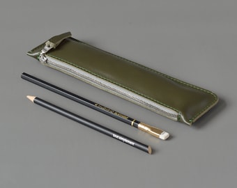 Green Leather Pencil Case, Pen Pouch.