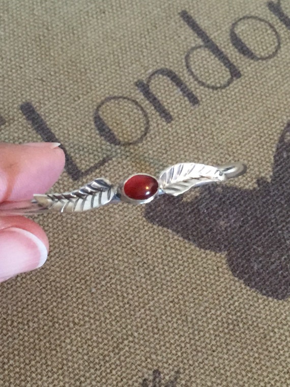Sterling Silver Orange Agate Leaf Bangle Bracelet… - image 5