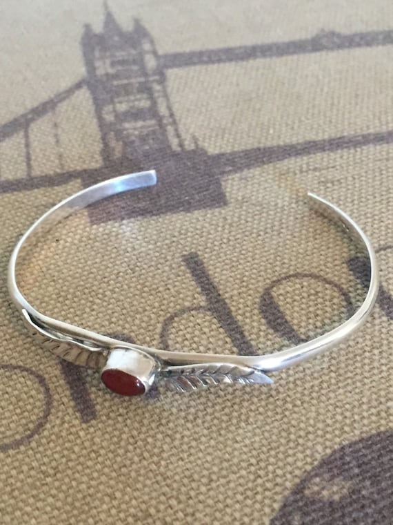 Sterling Silver Orange Agate Leaf Bangle Bracelet… - image 2
