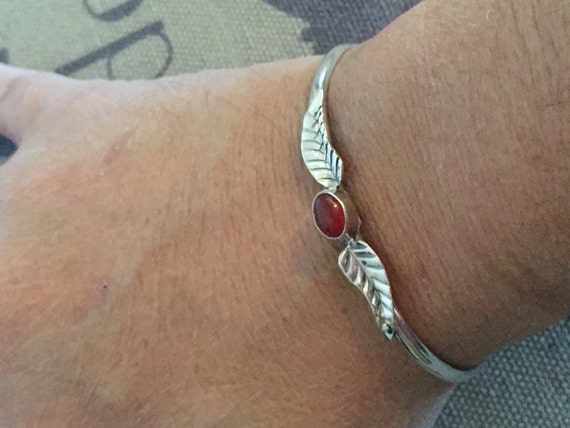 Sterling Silver Orange Agate Leaf Bangle Bracelet… - image 4