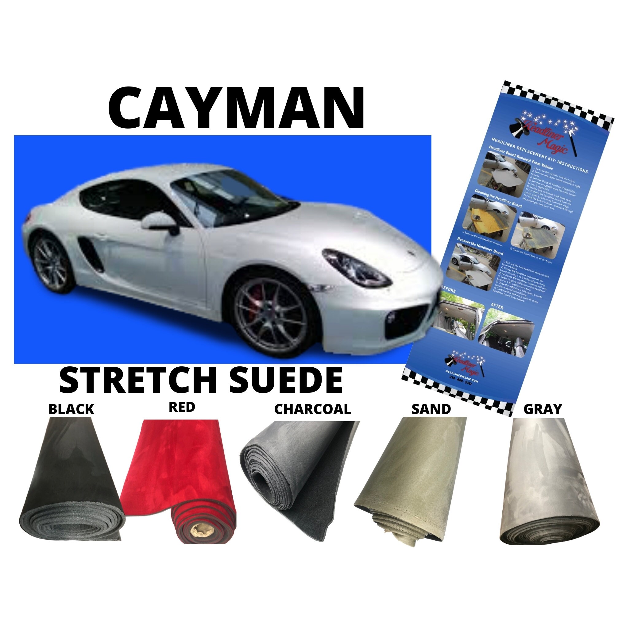 Stretch Suede Headliner Ceiling Repair Fabric Material Fits Porsche Cayman and Cayman S - Charcoal