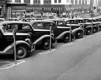 Automobiles in Omaha, 1938. Vintage Photo Reproduction Print. Black
