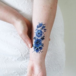 Dutch Delft Blue temporary tattoo | Dutch temporary tattoo | floral temporary tattoo | flower temporary tattoo | something blue wedding