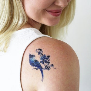 Delft Blue bird temporary tattoo | Delft Blue temporary tattoo | floral temporary tattoo | boho temporary tattoo | something blue wedding