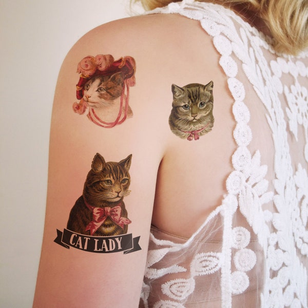 Kat dame tijdelijke tattoo set | tijdelijke tattoo kat | kattendame tattoo | cadeau-idee voor kattendame | cadeau-idee voor katten | kattenaccessoire | katten sieraden