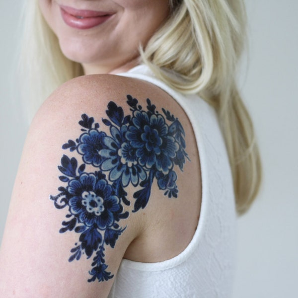 Nederlands Delfts Blauw tijdelijke tattoo | bloemen tijdelijke tattoo | bloem tijdelijke tattoo | boho cadeau-idee | iets blauw bruiloft | boho