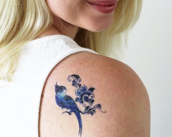 Delft Blue bird temporary tattoo | Delft Blue temporary tattoo | floral temporary tattoo | boho temporary tattoo | something blue wedding