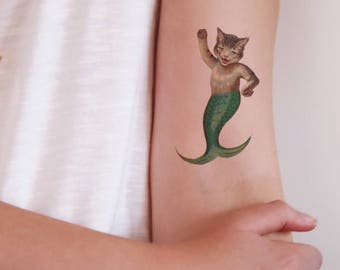 Tatuaje temporal de sirena de gato / tatuaje temporal purrmaid / tatuaje temporal amante de los gatos / tatuaje de dama de gato / regalo de sirena / idea de regalo de dama de gato