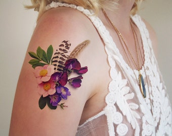 floral temporary tattoo | floral tattoo | flower tattoo | boho jewelry | feather tattoo | floral gift | floral feather temporary tattoo