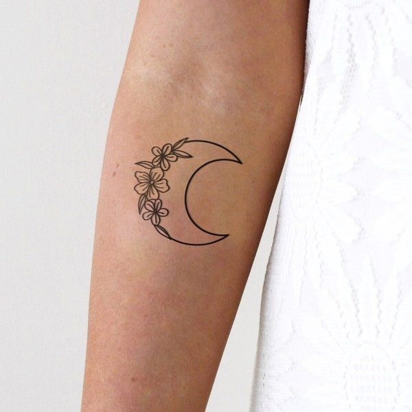 Maan en bloemen tijdelijke tattoo | wassende maan tattoo | maan tattoo | maan sieraden | Boho-tatoeage | boho tijdelijke tattoo | bloemen tatoeage