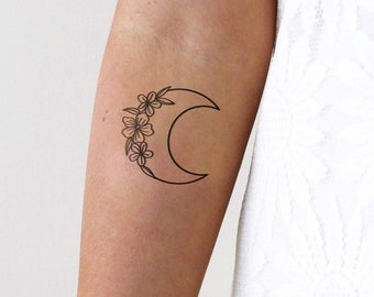 Mond und Blumen temporäres Tattoo | Wachsender Mond Tattoo | Mondtattoo | Mondschmuck | Boho-Tattoo | Boho temporäres Tattoo | Blumentattoo