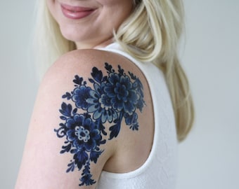 Dutch Delft Blue temporary tattoo | floral temporary tattoo | flower temporary tattoo | boho gift idea | something blue wedding | bohemian