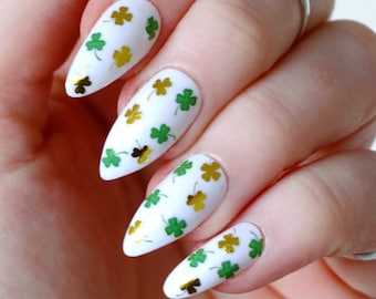 Saint Patrick's Day Four Leaf Clover Gold Waterslide Nail Decals | Shamrock Nail Art | St Patrick's Day DIY Nail Decor | Gift