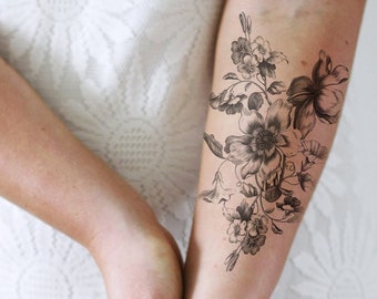 Black and white floral temporary tattoo | large floral tattoo | vintage flower temporary tattoo | flower tattoo | vintage floral tattoo