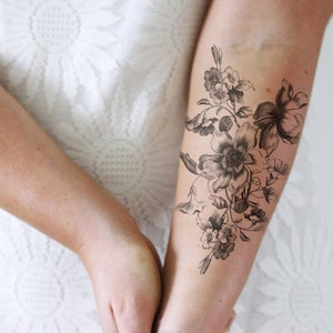 Black and white floral temporary tattoo large floral tattoo vintage flower temporary tattoo flower tattoo vintage floral tattoo image 1