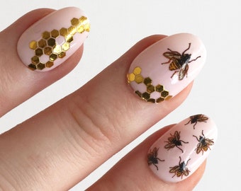 Honeycomb and bees nail decals | gold honeycomb nail tattoos | bee nail art | bee waterslide nail decals | honeycomb nail art | summer |N49